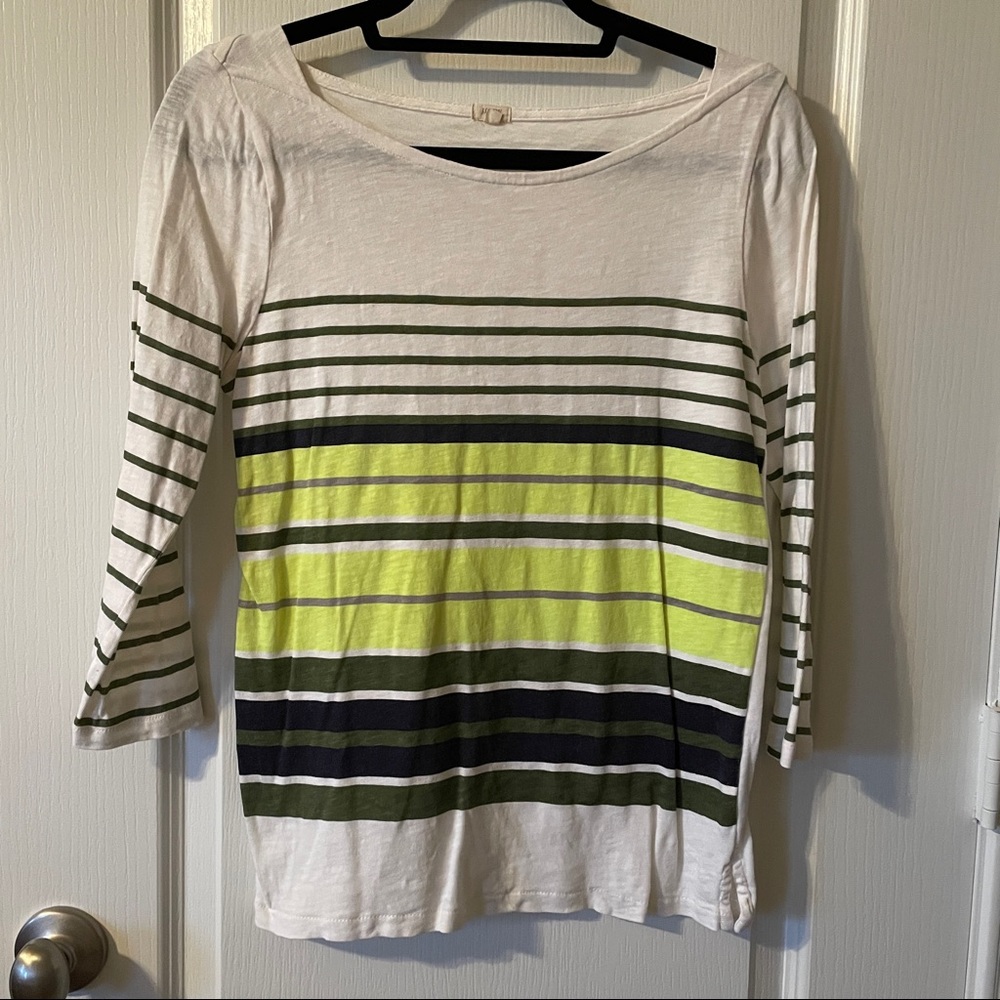 J Crew 3/4 length white t shirt neon yellow and green stripes size S